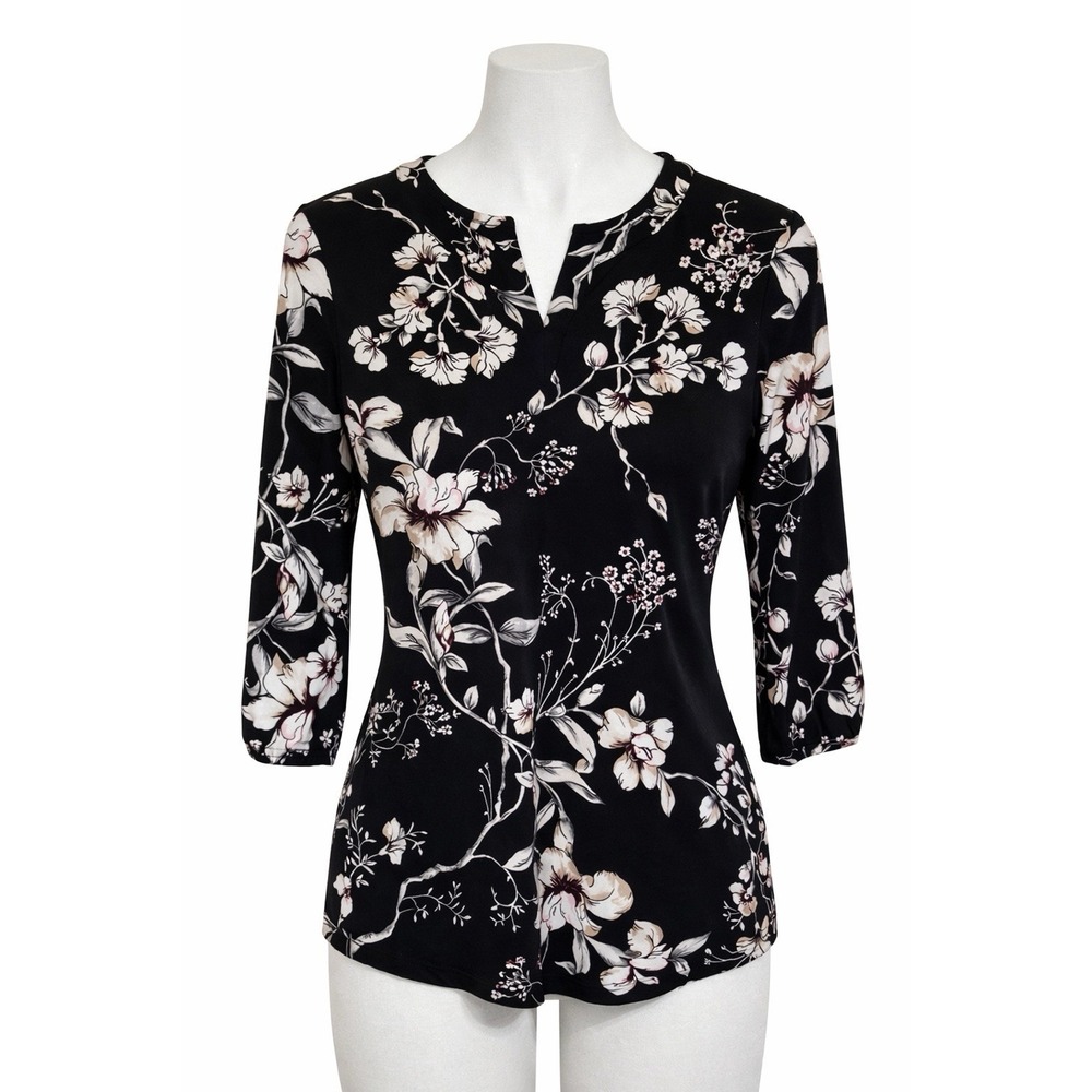 White House Black Market Floral Blouse S Black 3/4 Sleeve Stretch Knit WHBM Top